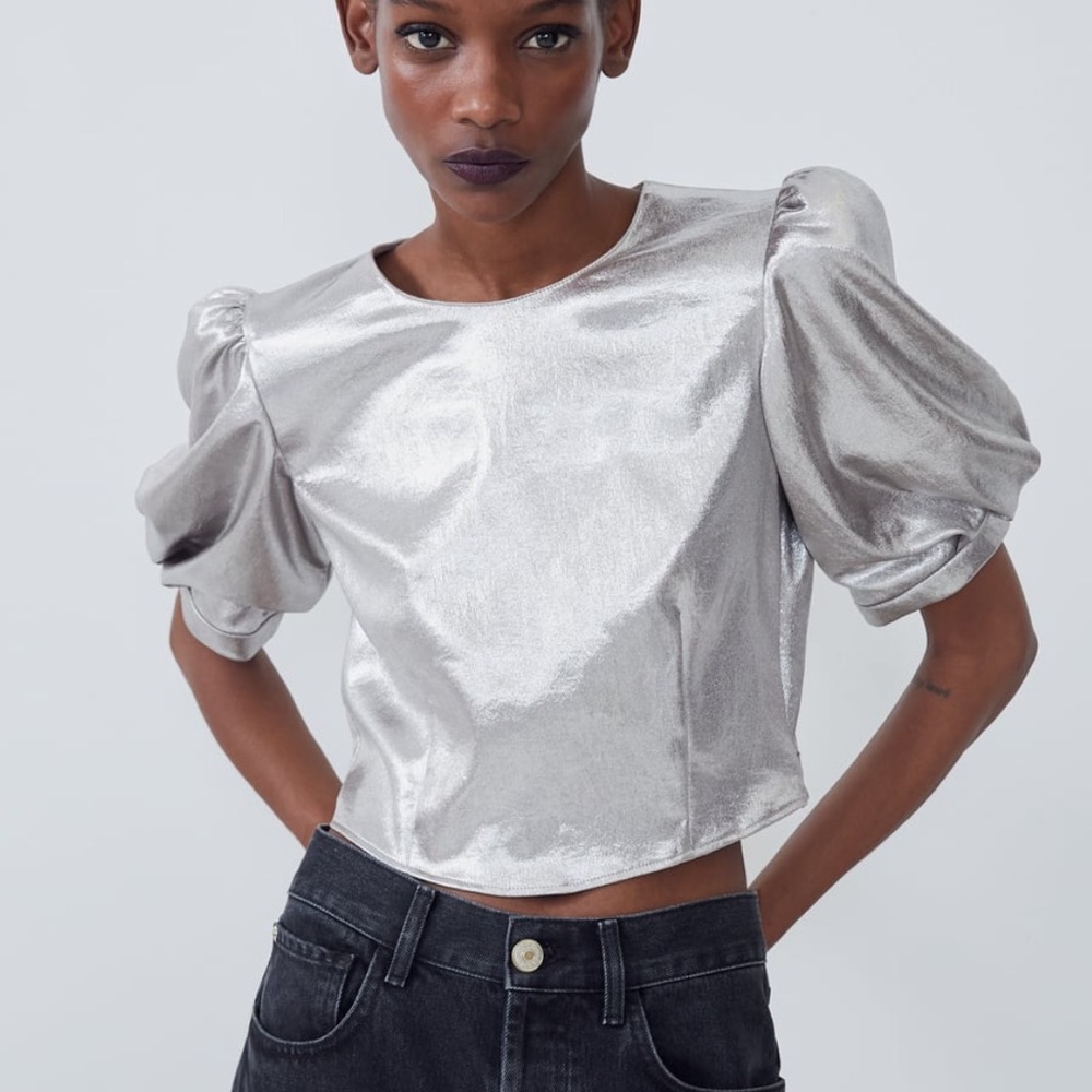 ZARA International Silver Metallic Puff sleeveTop